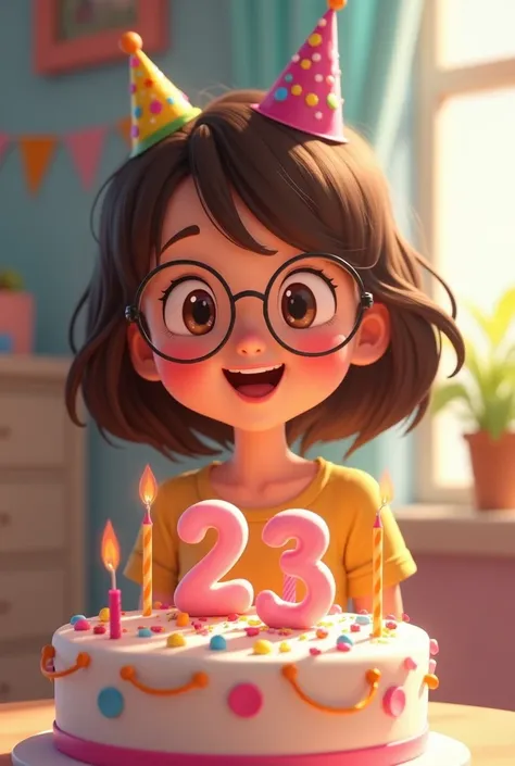 Happy birthday animated Monse
White-skinned girl,  brown eyes,  brown hair , with glasses, In front of a cake with the number 23