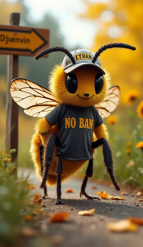 Fais moi une abeille à forme humaine avec une casquette avec  linscription "ETHAN" et un tee shirt avec linscription "NO BAN" sur un chemin avec un panneau de direction avec linscription "THE BEE AGENCY"