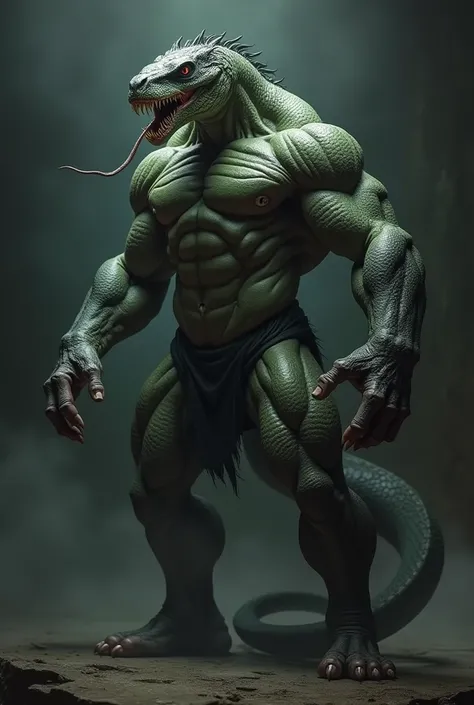 It generates an image of a very muscular man with snake-like features