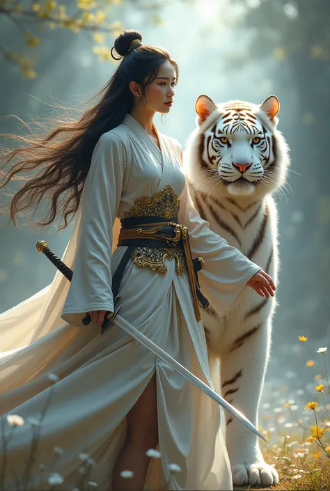 Beautiful young lady swordsman long hair alongside big white tiger walking together