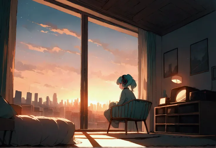 ((Best Quality)), (masterpiece), wide-angle view of a cozy, bright room during golden hour. Hatsune Miku sits by the window, wearing headphones, with teal twin tails and a serene expression. Warm sunlight streams through the window, casting a soft glow ove...