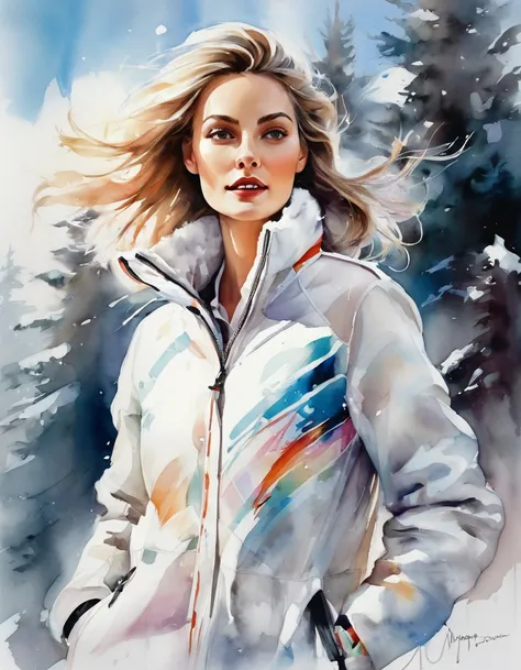 Female model in ski sprint, Horizontal fringe hair, super cute. Skisprint advertisement, Dynamic Motion, high-end fashion illustration, magazine illustration, watercolor illustration style, Womens ski sprint, Motion Blur, Iridescent pastel tones, (tachisme...