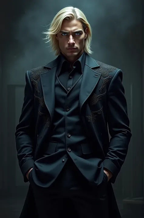 1 male, muscular, dark aura, dark background, black suit with elements, light skin, medium length blond hair, blue eyes, light eyelashes, mafia 