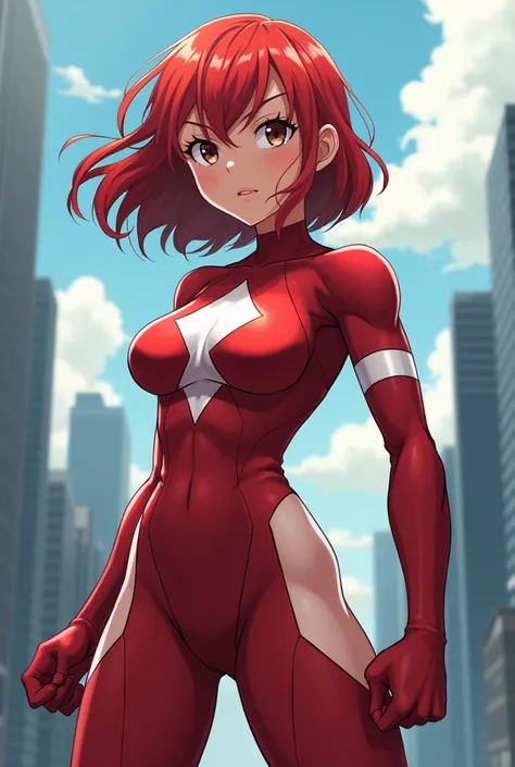  My Hero Academia Style ,   anime girl , woman, young woman ,  full body shot ,( Fighting Stance :1.3),Long Hair, Red Hair,   Brown Eyes , hero suit, Full Body Suit,  red suit with white details, perfect anatomy,  enhanced abs , super detailed,(building:1....