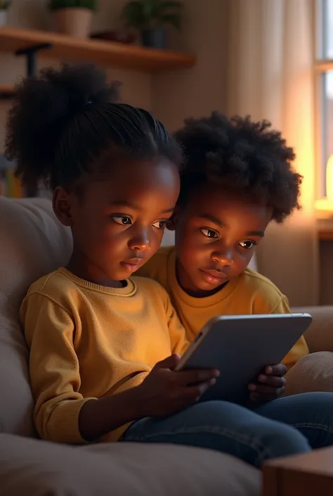 A black girl  sitting in front of a TV and the brother looking into a tablet