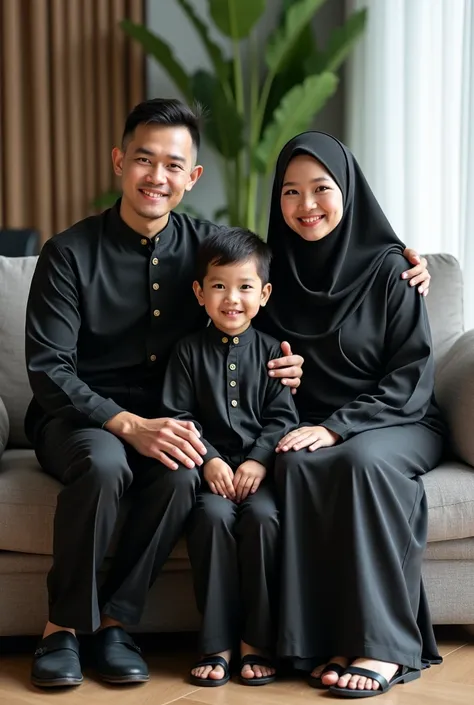 For a friendly close up photo style,four members, 40 year old Indonesian MAN with clean face, , 40 year old WOMAN wearing a hijab, chubby,  GIRL wearing a hijab,  BOY. They are wearing black batik and the latest luxury gray sharia robes, wearing black sand...