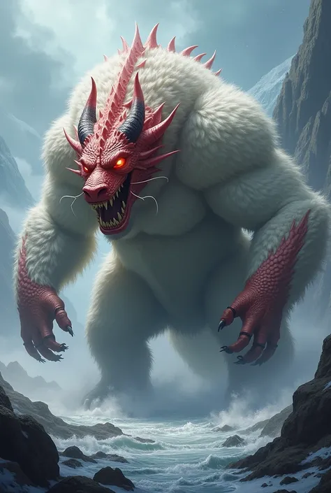 Please create an hybrid image of  red dragon and white bear looks powerful and dangerous. 
Image size ratio 9:16 