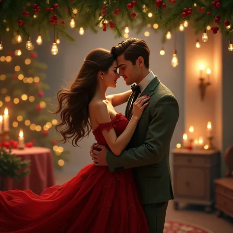 Beautiful brunette woman wancing with a handsome man under Mistletoe. She is wearing pretty red and green dress; he is wearing a grey suit. Realistic and Chistmasy. Inside. Light from Christmas lights and candles. High detail. 