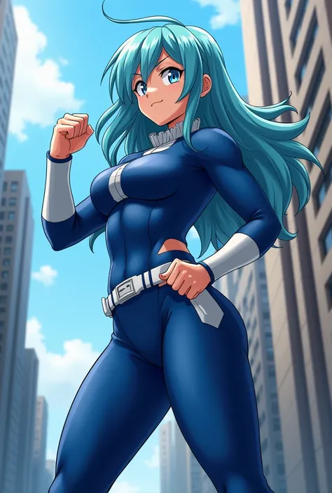  My Hero Academia Style ,   anime girl , woman, young woman ,  full body shot ,( Fighting Stance :1.3),Long Hair, Skyblue Hair,   Blue Eyes , hero suit, Full Body Suit,  Blue suit with white details, perfect anatomy,  enhanced abs , super detailed,(buildin...