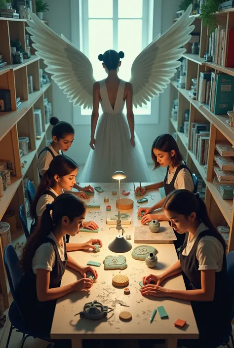 Perspective looking from above ,  a small room with finishing tables with 6 women of varying characteristics,a brunette, a lower one  , a higher one with angel wings finishing on 3d printing pieces  ,Sanding,painting. Create in surrealist  