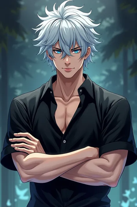 Jujutsu Kaisen manga male character Silver hair resembling cigarette smoke Comma-style hair, blue eyes, wearing a black Hawaiian outfit, arms crossed over his chest, cool.