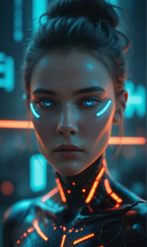 masterpiece, highest quality, (sleek:1.2) and (futuristic:1.3) cyborg with (glowing blue eyes:1.5), intricate mechanical details, (soft skin:1.1), standing in a neon-lit cityscape, (reflective surfaces:1.2), vibrant colors, cinematic lighting, by syd mead,...