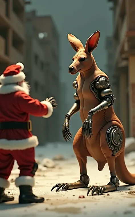 Generate the kangaroo Siborg stepping on Santa Clauss head realistic image 