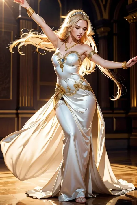 プロンプト: A woman standing gracefully, with long blonde hair and green eyes, wearing a flowing white dress with gold accents and accessories, inspired by the dancer class from Dragon Quest III. The dress is adorned with intricate patterns and sequins, reflect...