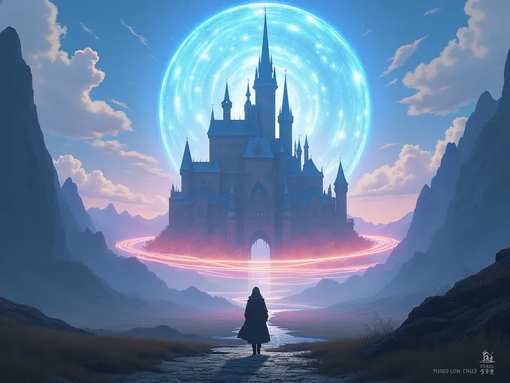 Image is a digital fantasy artwork depicting a majestic castle surrounded by a protective, translucent dome. The castle, with multiple spires and turrets, is set against a backdrop of towering mountains and a vast, open landscape. The dome is illuminated b...