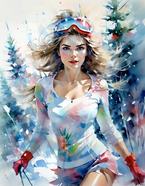 Female model in ski sprint, Horizontal fringe hair, super cute. Skisprint advertisement, Dynamic Motion, high-end fashion illustration, magazine illustration, watercolor illustration style, Womens ski sprint, Motion Blur, Iridescent pastel tones, (tachisme...