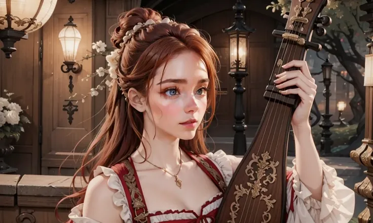 close up. classy stunning gorgeous red-haired female high-class bard, blushing but happy, wearing expensive clothing, carrying a lyre, looking straight ahead at the camera.