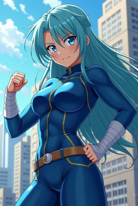  My Hero Academia Style ,   anime girl , woman, young woman ,  full body shot ,( Fighting Stance :1.3),Long Hair, Skyblue Hair,   Blue Eyes , hero suit, Full Body Suit,  Blue suit with white details, perfect anatomy,  enhanced abs , super detailed,(buildin...