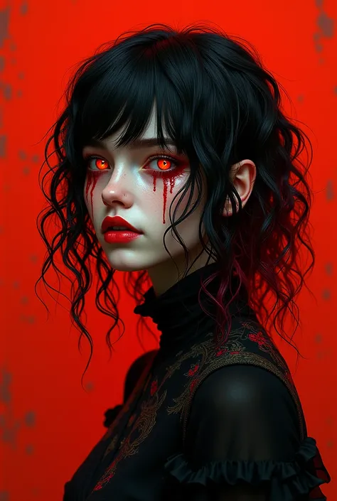 huaniao, (simple back ground,red theme:1.33), ((masterpiece, photo realistic, octane-render)), (detailed calligraphy art, Indian ink painting,ink brush painting):1.33), Fantastic:1.4,
(The jet_black wet_raven, solo), (detailed orange eyes, blood_tears, jet...