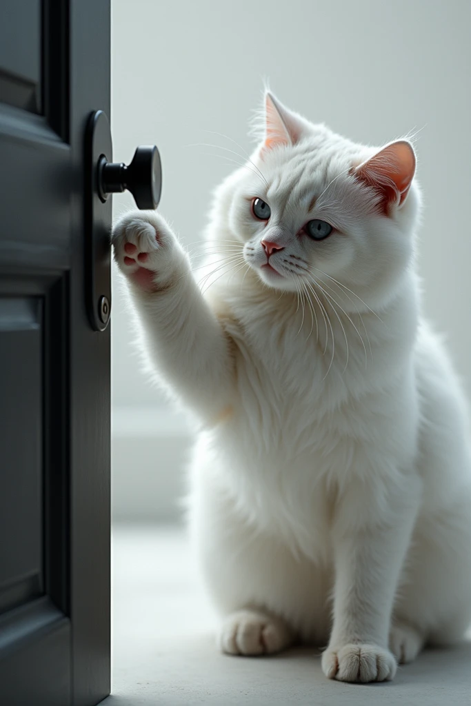 create Hyper-realistic image of white cat tries to open the door with its hand. Make a black house color on a white wall. Place a camera behind a cat. Make the photo scene look real.