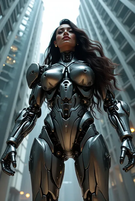 Beautiful Latina woman with long hair big breast transforms into busty robot transformers in a tall building, realistis photo