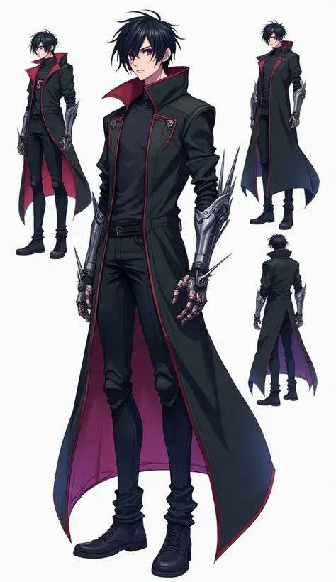 anime.full character design.full body.futurism.pencil sketch.various poses.bright colors.multiple poses.adult male ******.black hair with a hint of red.purple eye color.mysterious and cold impression.mechanical arm.dark sleeved robe.dark pants.dark shirt.w...