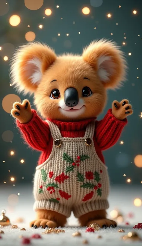 Ginger fluffy koala ,cute　 Christmas Knitted Sweater ,Floral Overalls ,  and Hat Background Christmas Sprinkle Stars　Genuine　  Stand Up and Raise Hands .  ultra detailed ,  realistic , photo realistic  Cinematic, photo realistic ,  realism, Sasan,