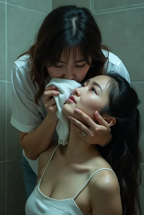  A woman covers an Asian womans mouth with a white towel，Asian woman rolls her eyes and faints 