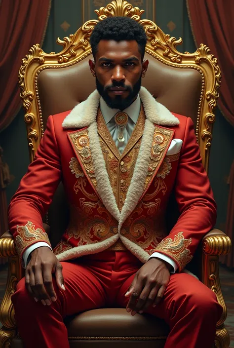 Young man with brown skin dressed in royal clothes and with a lot of glamor sitting on a royal throne 