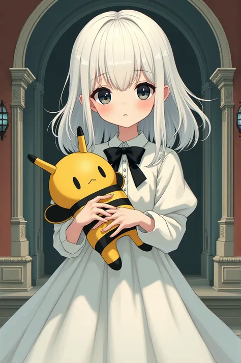 White hair,black eye, white dress,A monster creature doll that looks like a yellow bee,black ribbon, cute girl,Two-pronged,mansion background, animation in black clothes 