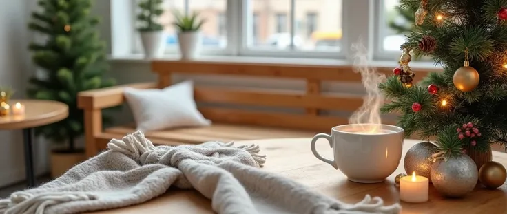  white tone cafe display window with a wooden bench.溫馨的minimalist style聖誕櫥窗景象, overlooking angle.Small and fleshy potted plants on a round wooden table in the house . White Coffee Cup With Drawstring Beautiful Hot Coffee(Smoking ).(Scarf casually surrounde...