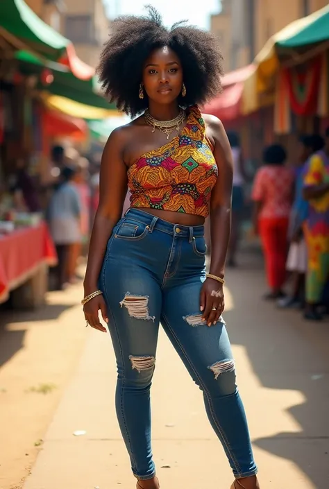 A curvaceous Black woman in a one-shoulder top made of vibrant Ankara fabric, tucked into high-waisted skinny jeans with distressed knees. She pairs the outfit with nude pumps and layered gold necklaces. Her hair is styled in a voluminous Afro. The scene i...