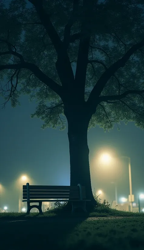 A tree with a bench in the park blurry at night.