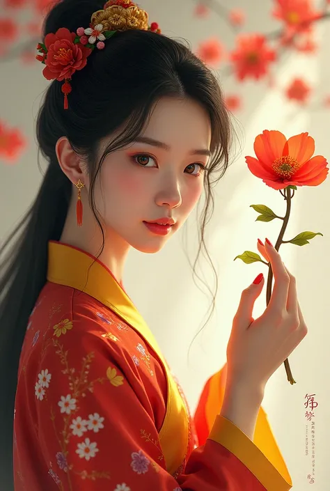  A beautiful woman, 20 tahun, radiant face ,  is a red and yellow hanfu with adenium flower motif. His hand grasps a flower stalk ,  this flower has a moon in the middle , Realistis, detail, 