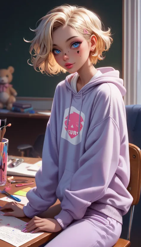 hyperrealistic, detailed face, toned blonde femboy, blue eyes, slim, male, feminine touch, blond open short hair, tanned, lipgloss, concentrated, sitting at a desk, brush painting tabletop miniatures, loose pants and a hoodie, tabletop figurines, some dark...