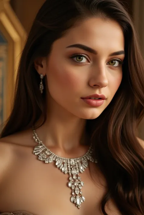 Arab girl, with green eyes and brown hair, wearing a long dress, wearing a diamond necklace, wide picture, high lighting, multiple shades