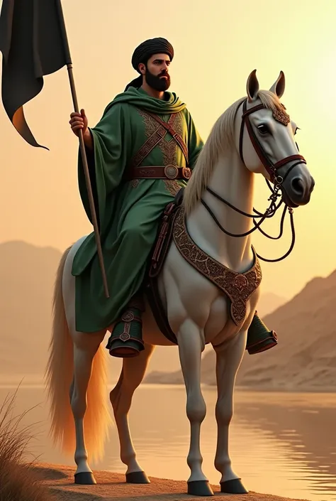 (photorealism:1.2), beautiful man, standing on the bank of a canal, a sowrd inhis right hand, wearing Green arabic full body dress, black Turban on his head, beautiful beard and moustache, white arabic horse, ornaments covers the horse, A black flag is in ...