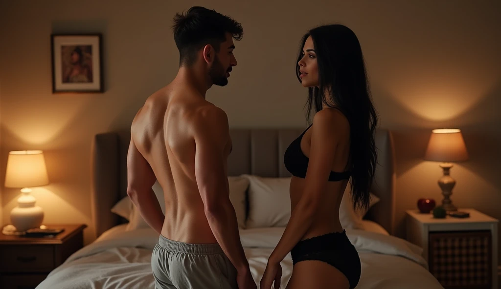 An ultra realistic image of a 25 year old man, wearing shorts, standing talking to a beautiful 35 year old woman, long black hair, the woman is wearing tight and sensual black lingerie, the two are in a cozy bedroom of an apartment, with sensual expression...