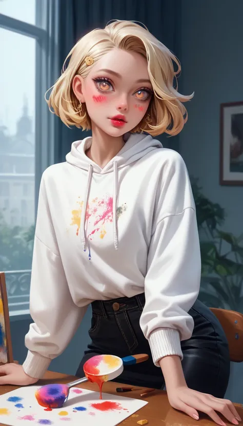 hyperrealistic, detailed face, toned blonde femboy, blond eyes, slim, male, feminine touch, blond open short hair, tanned, lipgloss, concentrated on the painting, sitting at a desk, brush painting tabletop miniatures, paintbrush in his fingers, loose pants...