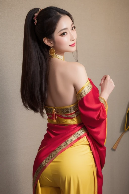 The woman is wearing an ancient dance costume, including a red full-length halter top blouse, and yellow chiffon trousers on the bottom. She is an oriental beauty with a very Chinese style. The costume is very Song Dynasty style. She has her back to the wo...