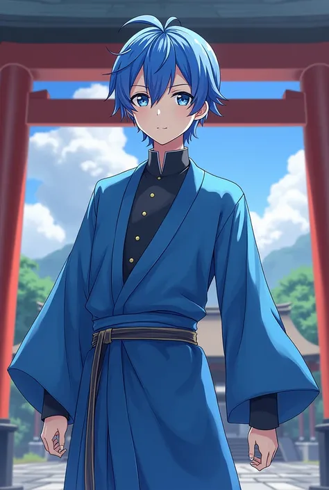  has a controller for the anime Dinazenon ,Manaka Hou ,male, blue hair,160cm,shrine,torii, blue costume,