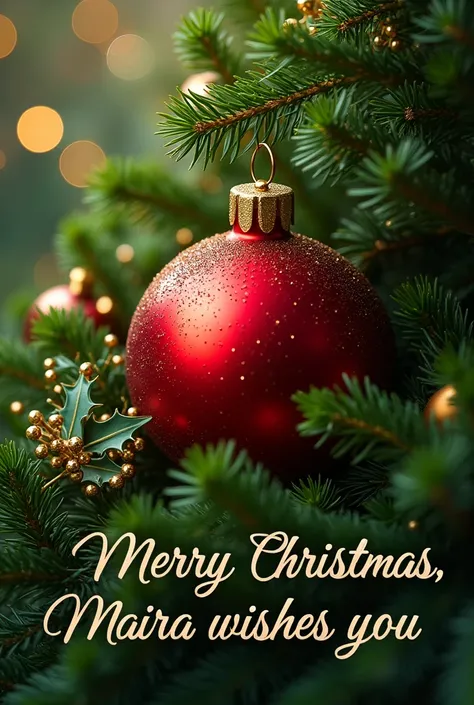 Christmas design with green leaves, shiny golden spikes, a red sphere, Merry Christmas, Maira wishes you