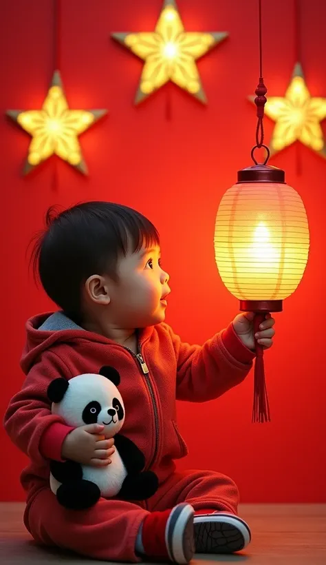 A giant toddler, displaying a bold red background with five golden stars. The toddler holds a small panda plush toy in one hand while gazing curiously at a lantern. The photograph, taken with a professional Sony camera, emphasizes vivid colors and intricat...