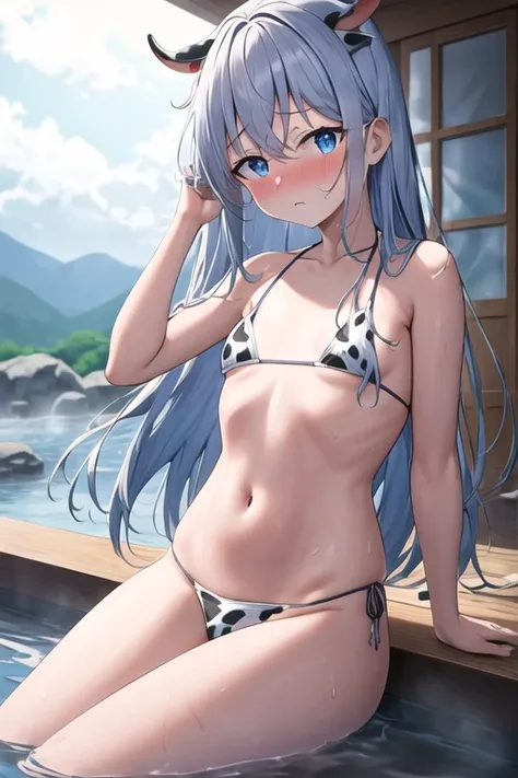 (masterpiece), highly detailed, best quality, (high resolution), 8k, 1girl, completely nude, NSFW, onsen, flat chest, long_hair, blue_eyes,(embarrassed:1.2), immature, visible air, (cow print bikini), (close-up), nose blush ,(vulgarity),(fucked silly)