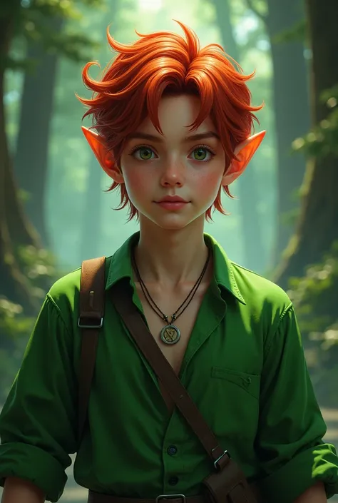 (( better resolution ,  High Definition, movie photo ,  portrait of an adventurer , Professional portrait,  RPG character poster .,  as dragon and dungeon heroes)),  there is a man with red hair and a green shirt,  A portrait of a male half-elf .,  portrai...