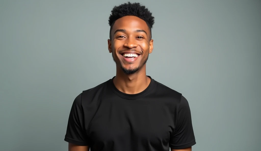 Image of a presenter facing the camera, Captivating and cheerful with black t-shirt