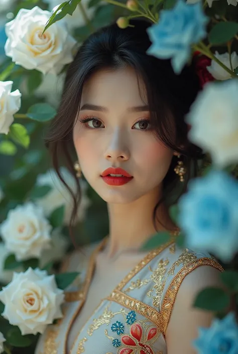 The woman wears a beautiful Thai dress, red lips and delicate red eye makeup, blurred background. Surrounded by blooming roses, dotted with white and light blue flowers, and natural light shines through the branches and leaves of roses on her face from goo...