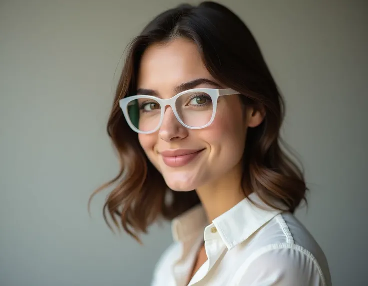 European face, cute, minimal makeup, transparent glasses, slightly smiling, high quality, sideways pose, 30-35 age, in a formal shirt