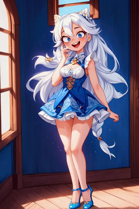 (Masterpiece, best quality), 1 girl, white semi long hair, blue eyes, standing indoors with intricate details and sunlight, blue frilled dress with short neckline, red details, black heels, sexy pose, crazy smile, crazy laugh showing teeth, closing one eye...