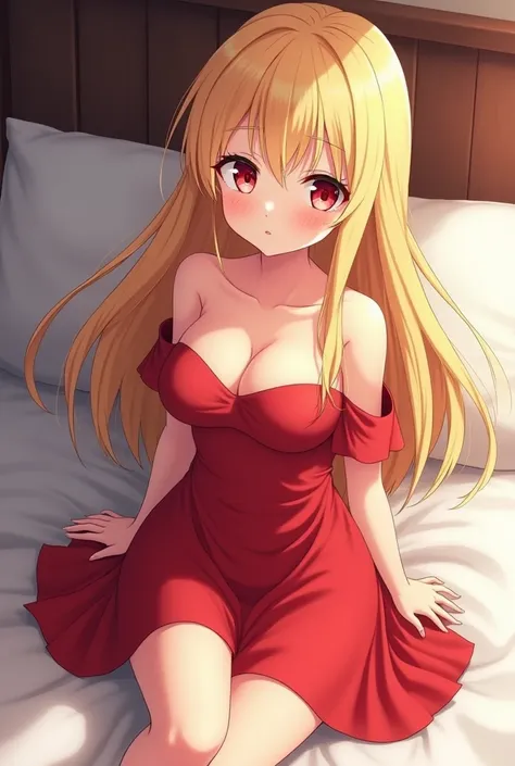 a blonde anime girl with long hair with red eyes with a cute face with a big butt and a big breasts , she is sitting in is living in bed  , the red dress has bare shoulders and she is very beautiful and face very beatutiful 